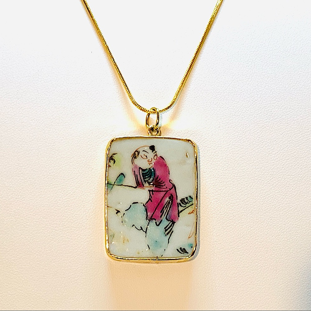 10kt Gold Chinese Hand Painted Porcelain Tile Pendant